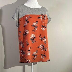Rewind Orange Floral and Gray Short Sleeve Top